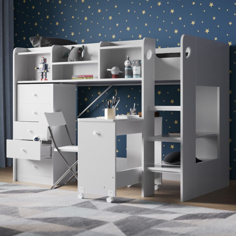 White children's mid sleeper bed with desk and shelves against a star-patterned blue wall.