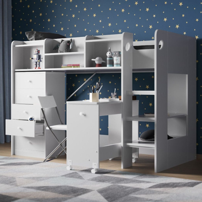 White children's mid sleeper bed with desk and shelves against a star-patterned blue wall.